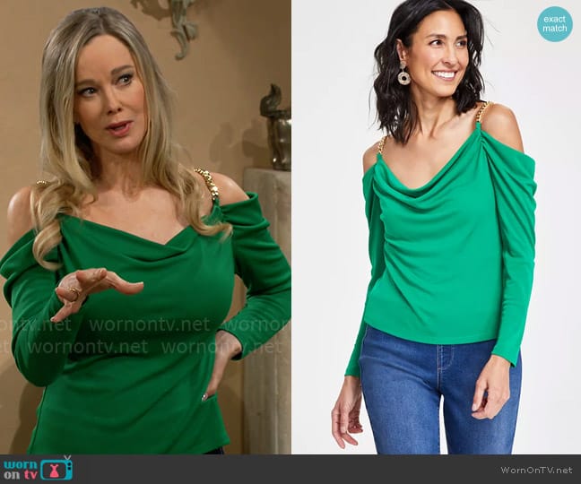 INC International Concepts Chain-Strap Off-The-Shoulder Top in Bright Pine worn by Donna Logan (Jennifer Gareis) on The Bold and the Beautiful
