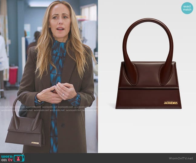 Jacquemus Le Grand Chiquito Leather Top-Handle Bag in Brown worn by Teddy Altman (Kim Raver) on Greys Anatomy
