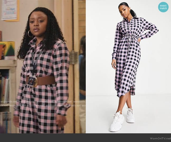 ASOS JDY exclusive midi shirt dress in pink & black check worn by Janine Teagues (Quinta Brunson) on Abbott Elementary