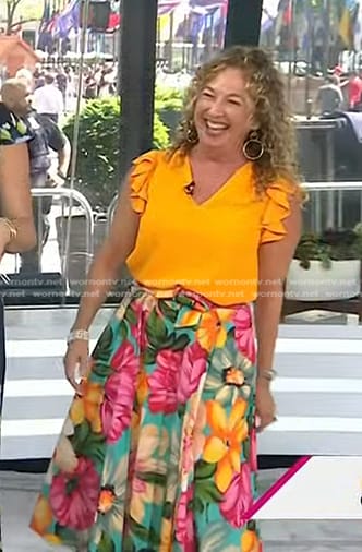 Laurie Schacht’s yellow ruffle top and floral skirt on Today