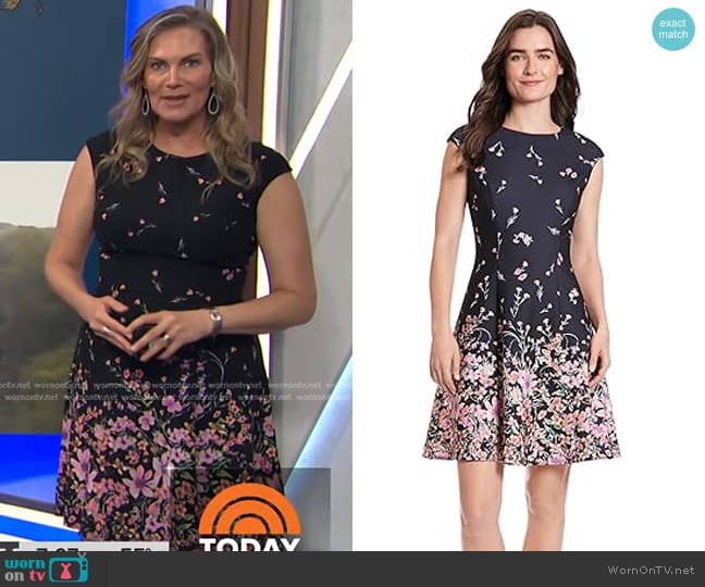 London Times Floral Border Cap Sleeve Fit & Flare Dress in Black/Buff Pink worn by Emily West on Today