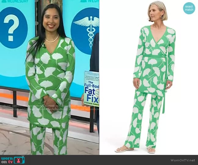 DVF for Target Long Sleeve V-Neck Ginkgo Green Sweater Wrap Top worn by Dr. Roshini Rajapaksa on Today