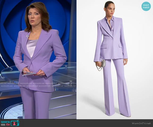 Michael Kors Collection Haylee Flare Trousers in Freesia worn by Norah O'Donnell on CBS Evening News