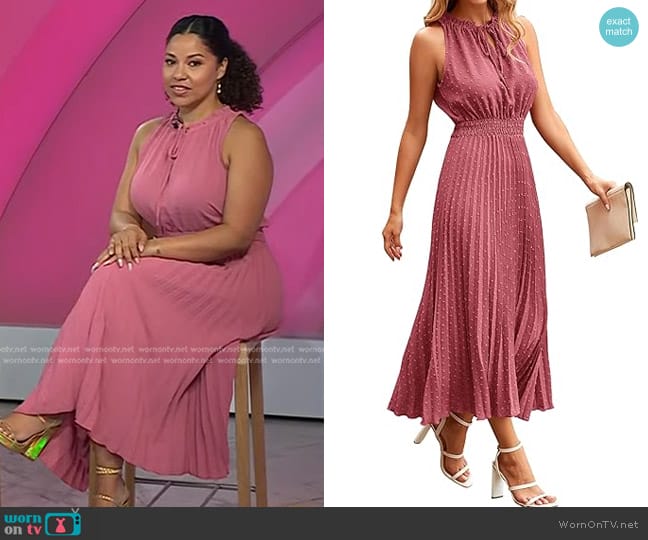 PrettyGarden Swiss Dot Ruffle Sleeveless Dress in Bean Paste Red worn by Arianna Davis on Today