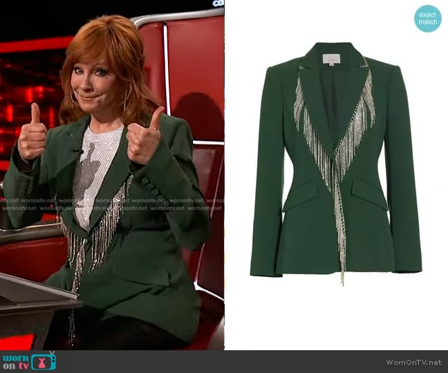 Cinq a Sept Cheyenne Fringe Embellished Blazer in Dark Emerald worn by Reba McEntire on The Voice