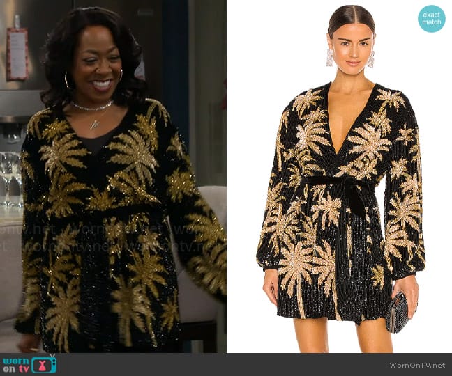 Retrofete Gabrielle Robe Dress in Black & Gold Palm worn by Tina Butler (Tichina Arnold) on The Neighborhood