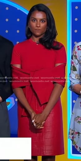 Simone Ashley’s red top and leather skirt on Good Morning America