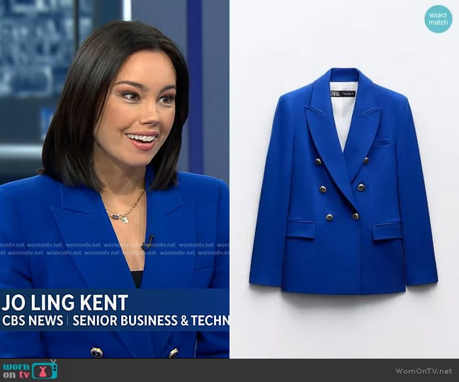 Zara Tailored Double Breasted Blazer in Bluish worn by Jo Ling Kent on CBS Evening News