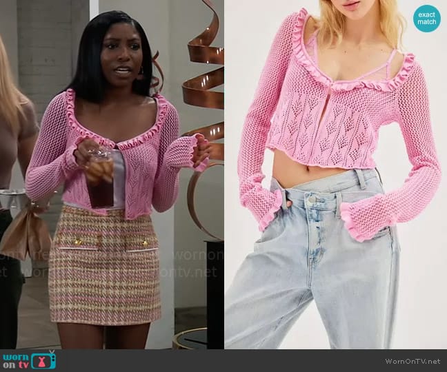 Urban Outfitters Lily Open-Knit Flyaway Cardigan worn by Trina Robinson (Tabyana Ali) on General Hospital