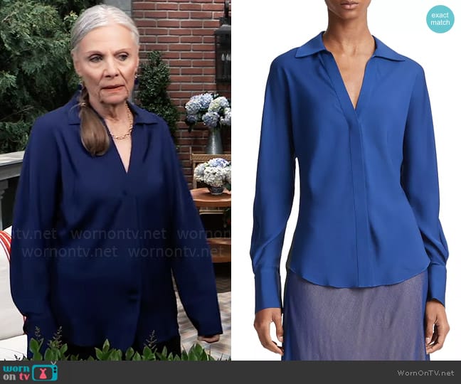 Vince Dolman Sleeve Silk Blouse in Dark Caspian worn by Tracy Quartermaine (Jane Elliot) on General Hospital