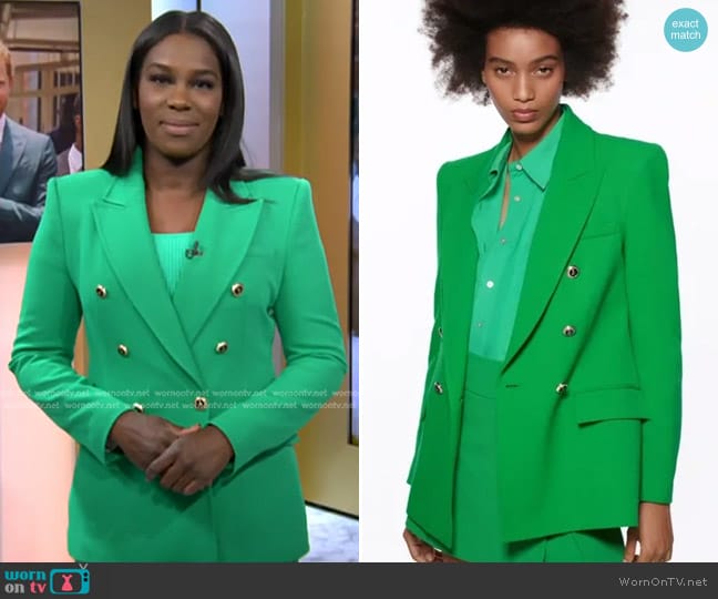 Zara Tailored Double Breasted Blazer in Green worn by Adrienne Broaddus on Today