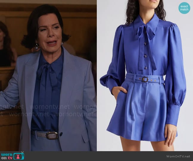 Zimmermann Natura Silk Satin Tie Neck Button-Up Shirt worn by Margaret Wright (Marcia Gay Harden) on So Help Me Todd