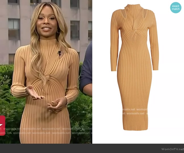 Acler Collins Rib Twist Midi Dress worn by Zuri Hall on Access Hollywood