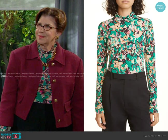 A.L.C. James Floral Print Turtleneck Top in Emerald Multi worn by Rita Lesley (Maggie Carney) on Days of our Lives