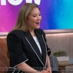 Ally Maki’s black cropped blazer and pants with white piping on The Kelly Clarkson Show