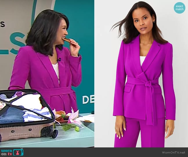 Ann Taylor Crepe Belted Blazer in Vibrant Magenta worn by Nancy Chen on CBS Mornings