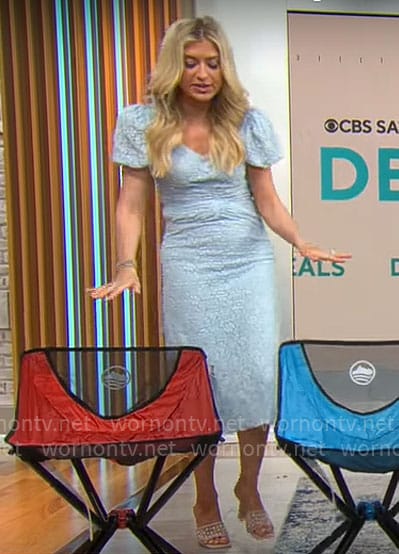 Ashley Bellman’s light blue lace midi dress on CBS Mornings