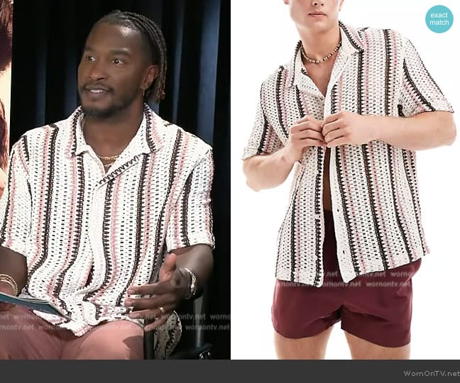 ASOS Bershka textured pink stripe shirt in ecru worn by Scott Evans on Access Hollywood