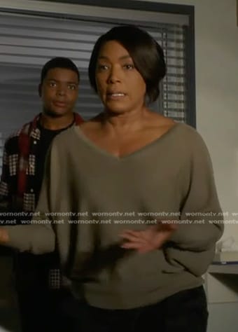 Athena’s khaki v-neck sweater on 9-1-1