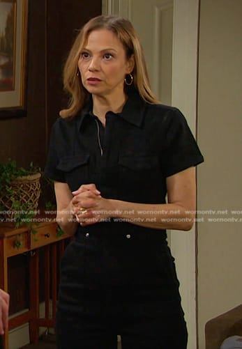 Ava’s black short sleeve jumpsuit on Days of our Lives