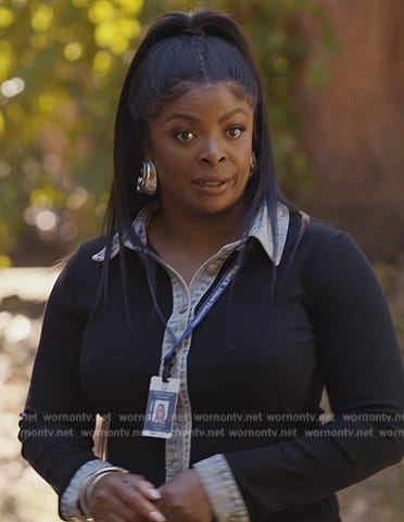 Ava’s black denim trim shirt and earrings on Abbott Elementary