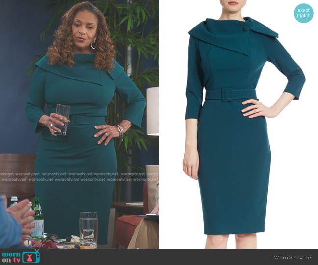 Badgley Mischka Belted Sheath Dress with High Collar in Teal worn by Catherine Avery (Debbie Allen) on Greys Anatomy