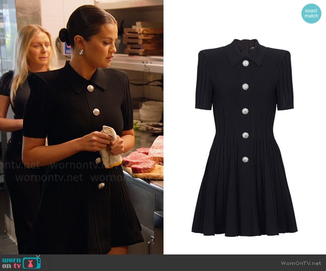Balmain Flared ribbed-knit minidress worn by Selena Gomez on Selena + Restaurant