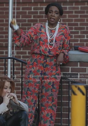 Barbara’s red floral print top and pants on Abbott Elementary
