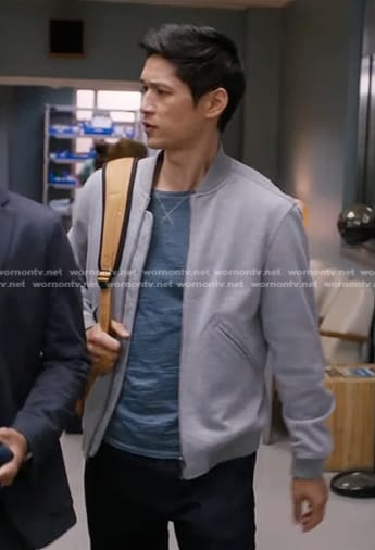 Blue’s grey bomber jacket on Greys Anatomy
