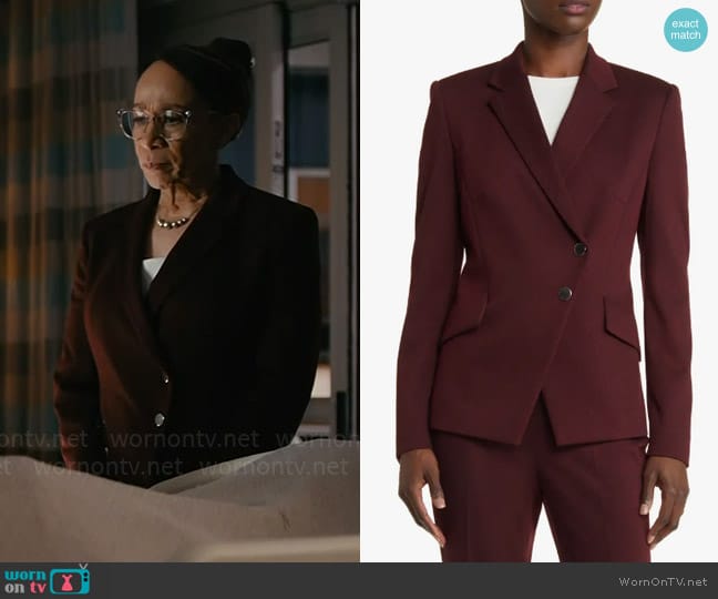 BOSS Jatawa Asymmetric Blazer in Maroon Twill Fantasy worn by Sharon Goodwin (S. Epatha Merkerson) on Chicago Med