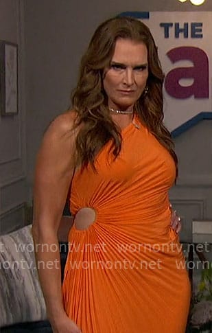 Brooke Shields’ orange one-shoulder pleated dress on The Talk