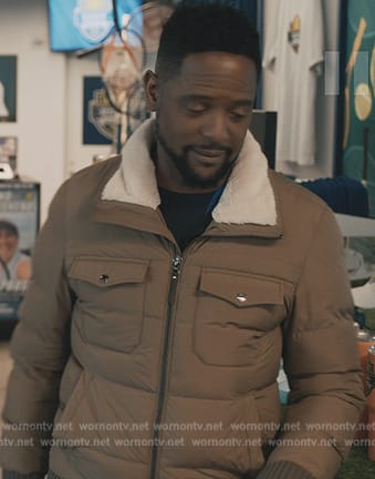 Taupe padded sherpa jacket on Elsbeth