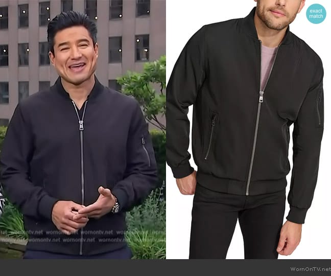 Calvin Klein Solid-Color Zipper Flight Jacket worn by Mario Lopez on Access Hollywood
