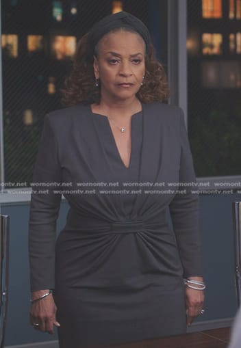 Catherine’s grey gathered waist sheath dress on Greys Anatomy