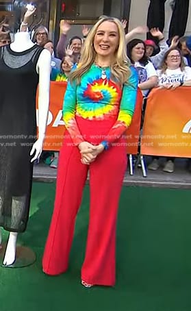 Chassie’s tie dye top and red flare pants on Today