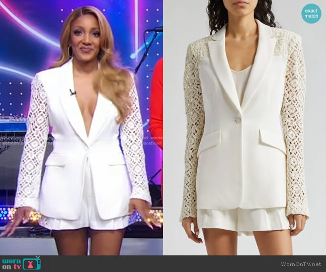 Cinq a Sept Cheyenne Knit Sleeve Blazer in Ivory worn by Mickey Guyton on Good Morning America