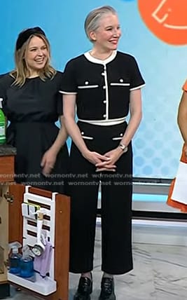 Clea Shearer’s black contrast trim cropped jacket and pants on Today