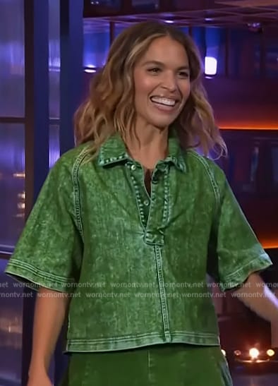 Cleo Wade’s green denim polo and skirt on The Kelly Clarkson Show