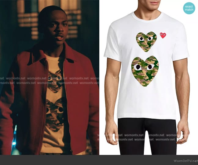 Comme des Garcons PLAY Double Camo Logo T-Shirt worn by Bakari (Ahmad Nicholas Ferguson) on The Chi