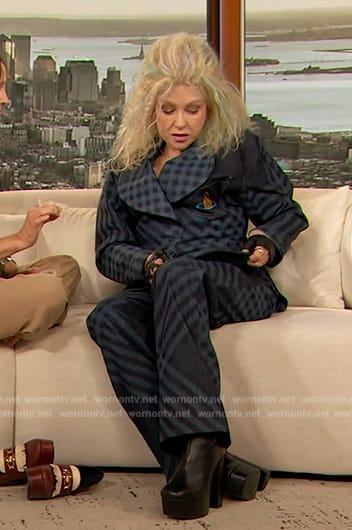 Cyndi Lauper’s blue check print jacket and pants on The Drew Barrymore Show