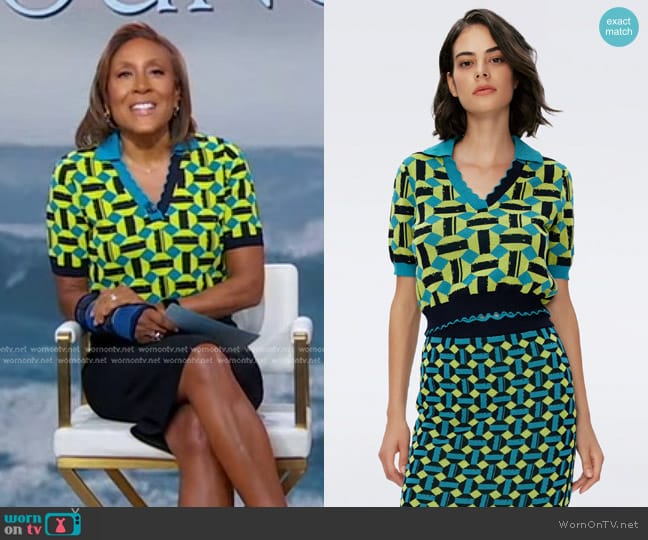 Diane von Furstenberg Hannah Knit Jacquard Top in Huge Square Dot worn by Robin Roberts on Good Morning America