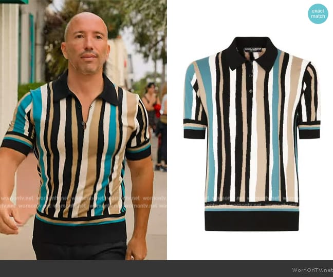 Dolce & Gabbana Vertical-stripe short-sleeve polo shirt worn by (Jason Oppenheim) on Selling the OC