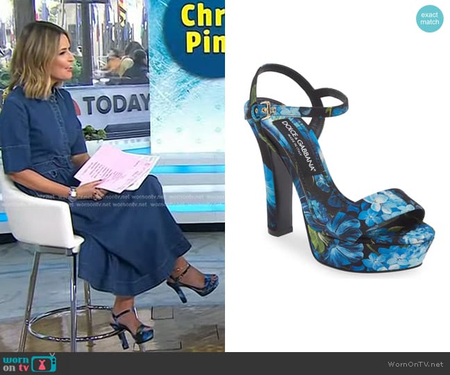 Dolce & Gabbana Keira Floral Ankle Strap Platform Sandal in Blue/Black worn by Savannah Guthrie on Today