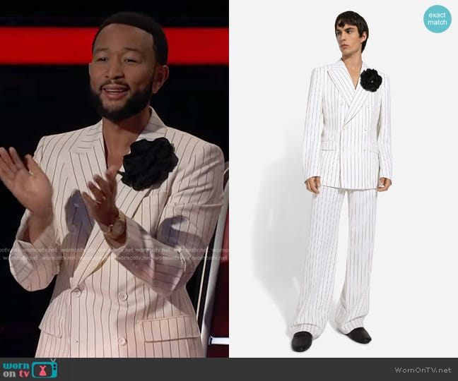 Dolce & Gabbana Pinstriped Wool & Silk-Blend Double-Breasted Suit Jacket in Rigato worn by John Legend on The Voice