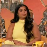 Drew Afualo’s yellow sleeveless ruched dress on The Drew Barrymore Show