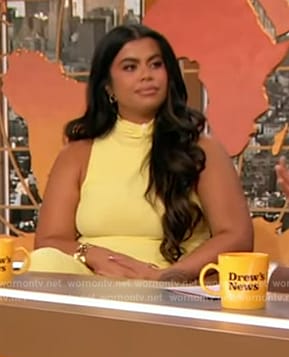 Drew Afualo’s yellow sleeveless ruched dress on The Drew Barrymore Show
