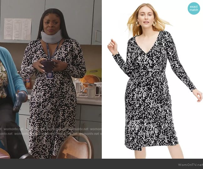Diane von Furstenberg Long Sleeve Midi Sea Spots Black Wrap Dress worn by Ava Coleman (Janelle James) on Abbott Elementary