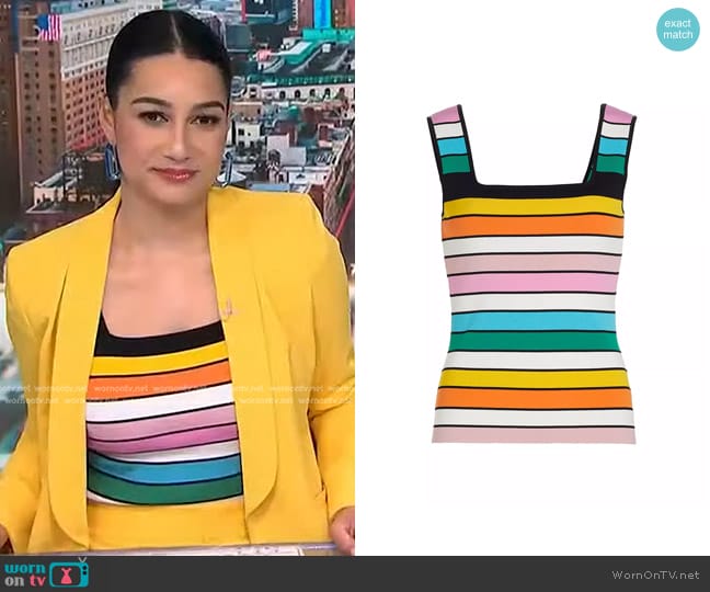 Elie Tahari Mylah Striped Knit Tank in Multi Stripe worn by Morgan Radford on NBC News Daily