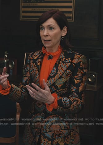 Elsbeth’s jacquard blazer and ruffle blouse on Elsbeth