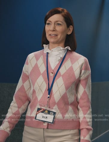 Elsbeth’s pink argyle cardigan on Elsbeth